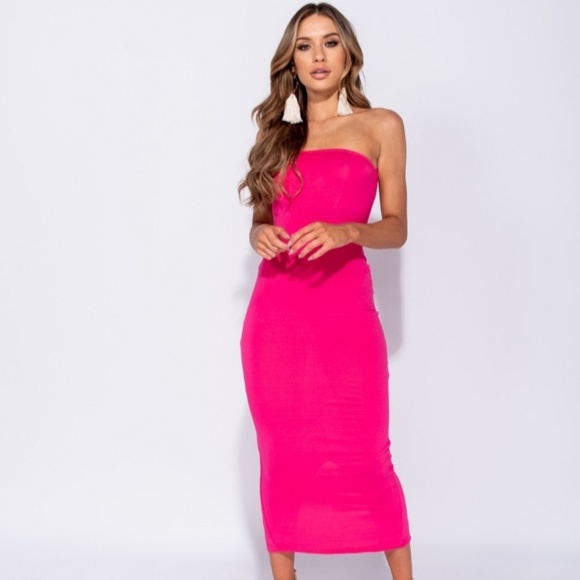 pink bandeau midi dress